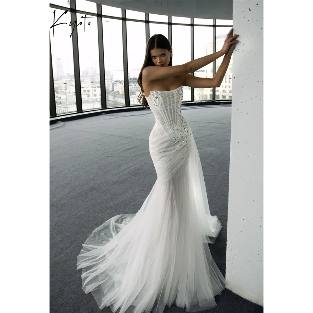 Kyoto Angepasst Mantel Falten Glänzend Sexy Hochzeit Kleid Liebsten Ärmellose vestidos de novia Lange Zug Formale Abendkleid