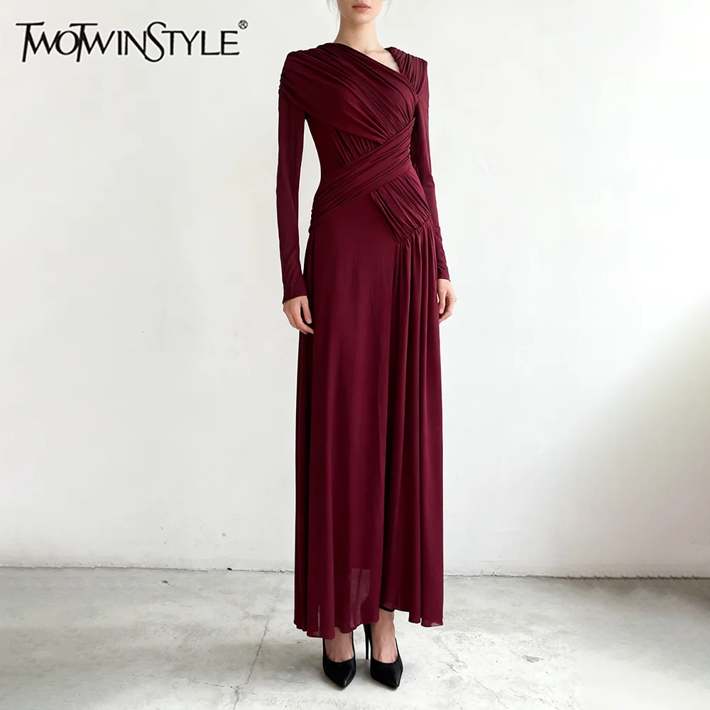 

TWOTWINSTYLE однотонные утягивающие платья нестандартной формы с гофрировкой для женщин, элегантное платье с v-образным вырезом и длинными рукавами, женская одежда, новинка