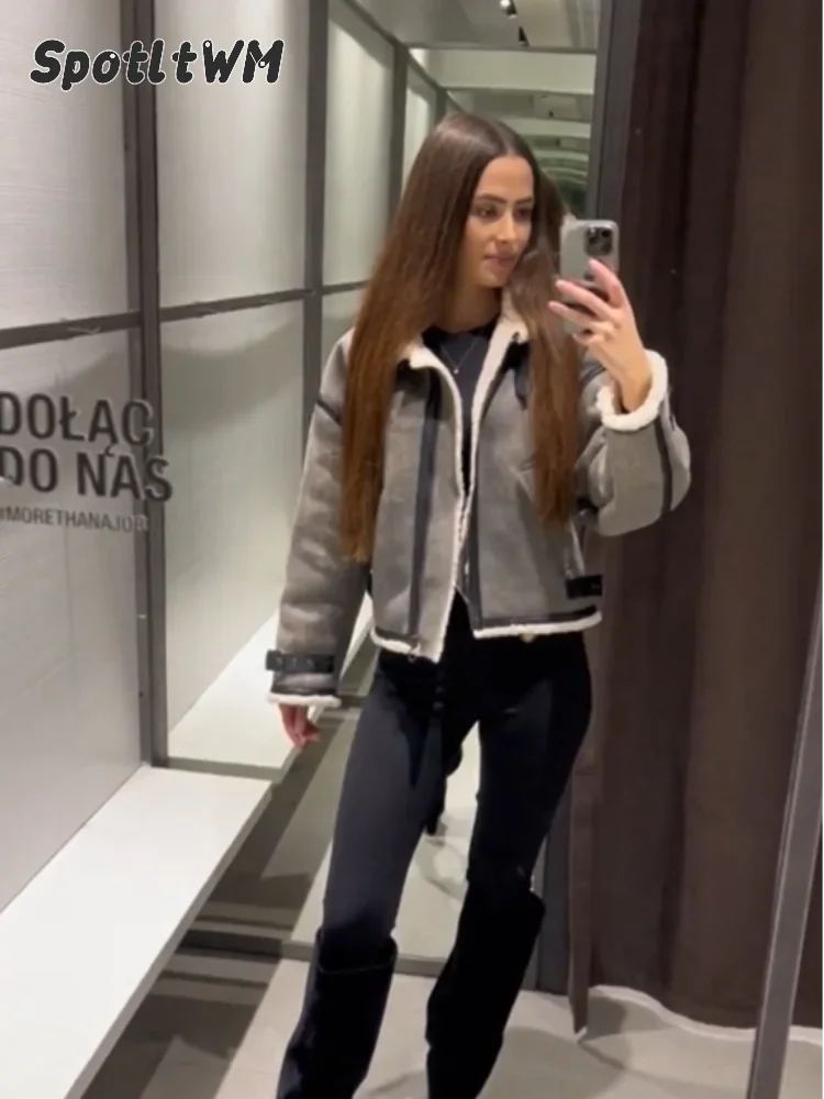 Women Casual Grey Distressed Faux Shearling Jacket Cream Sherpa Collar Cuff Black Leather Oversize Warm Winter Coat Outerwear
