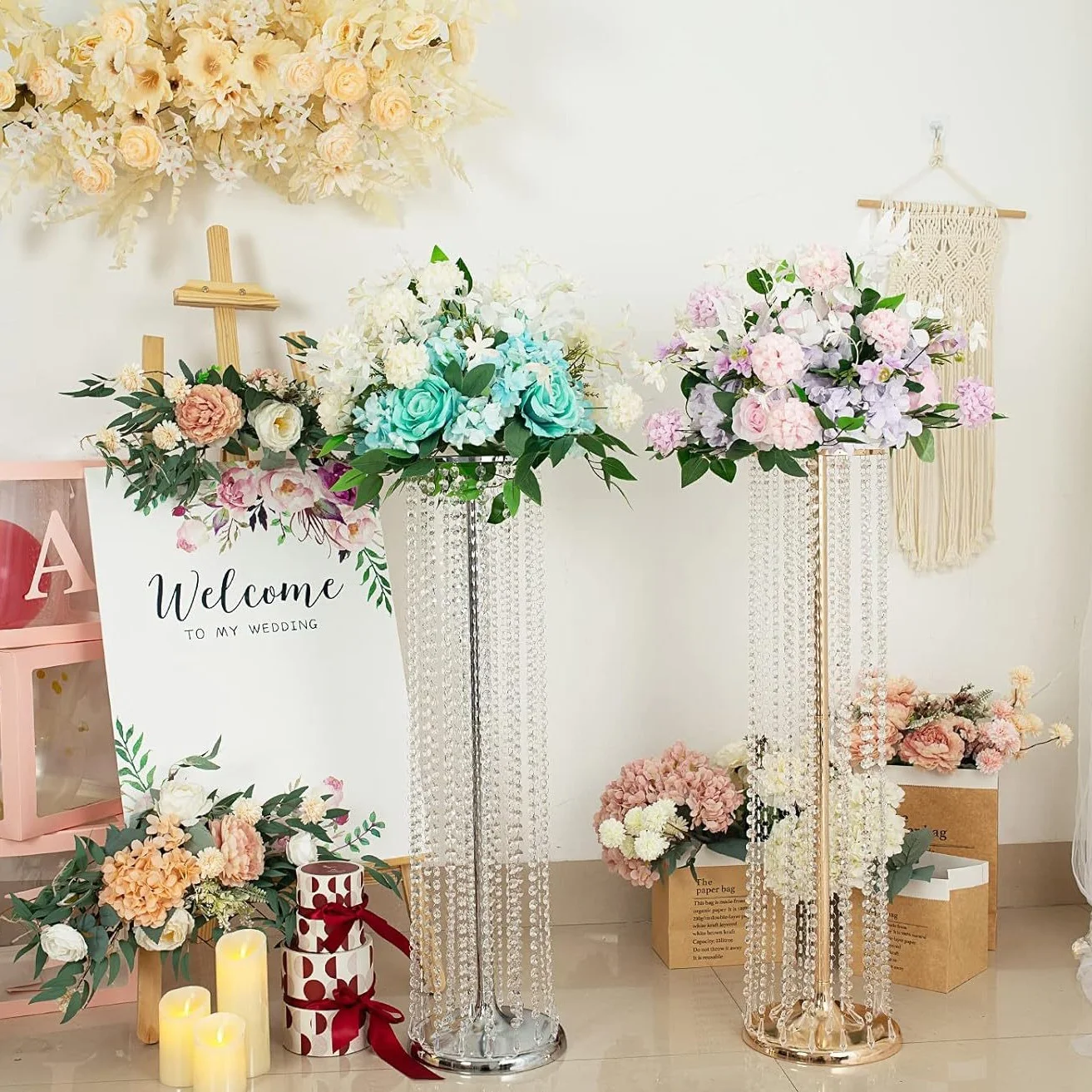 Luxury crystal flower stand for wedding, floor-standing metal flower stand for party centerpiece, catwalk flower stand guide