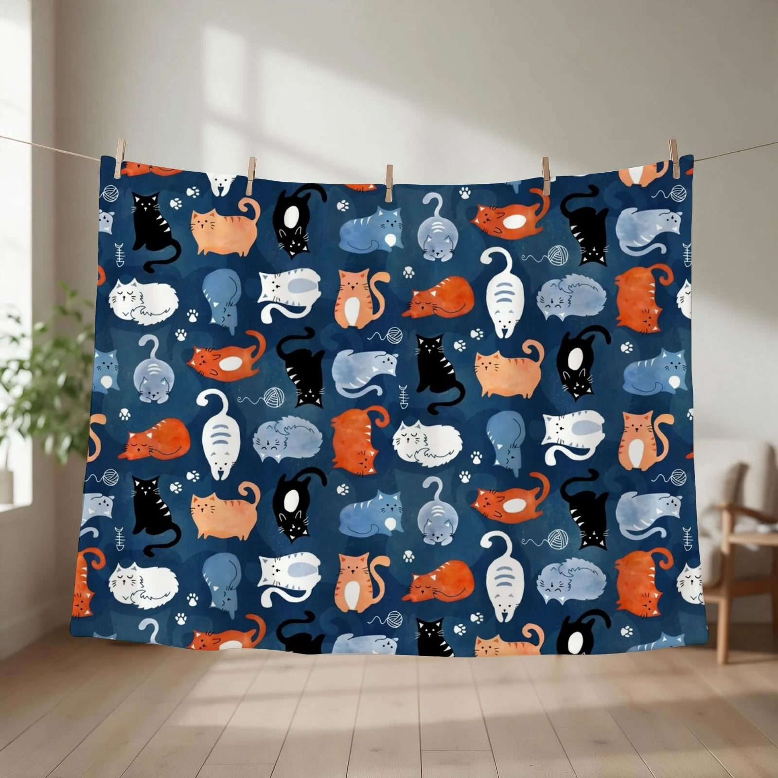 Playful cat pattern in orange and blue watercolor Throw Blanket Hair Flannel Sleeping Bag Vintage Blankets
