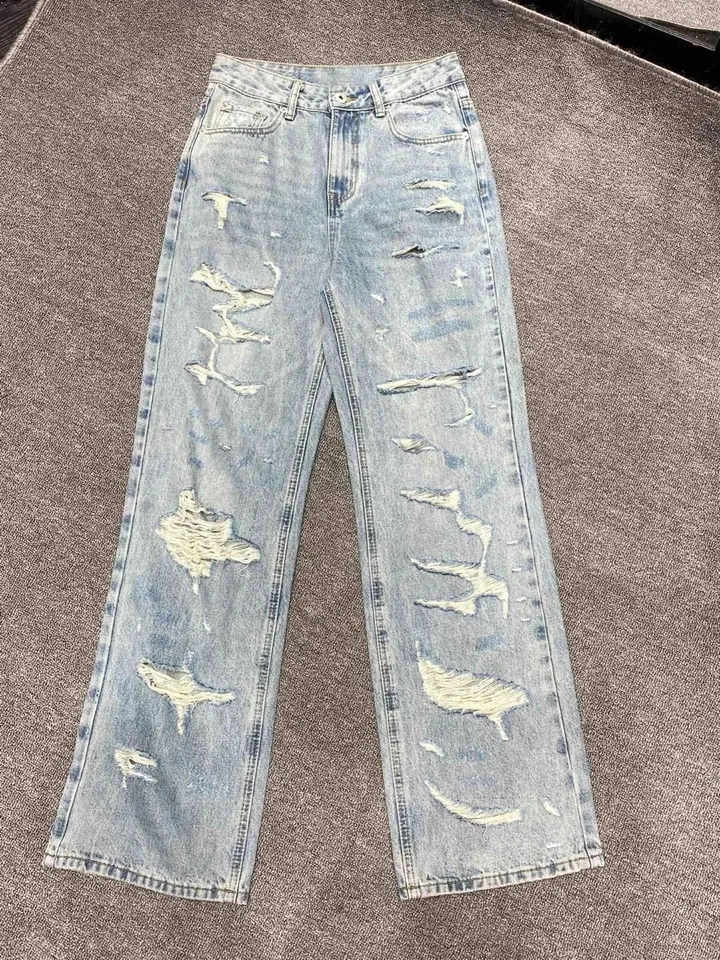 

2024 Spring Summer New Women Hole Chic Casual Hole Straight Jeans Female Fashion Denim Pants