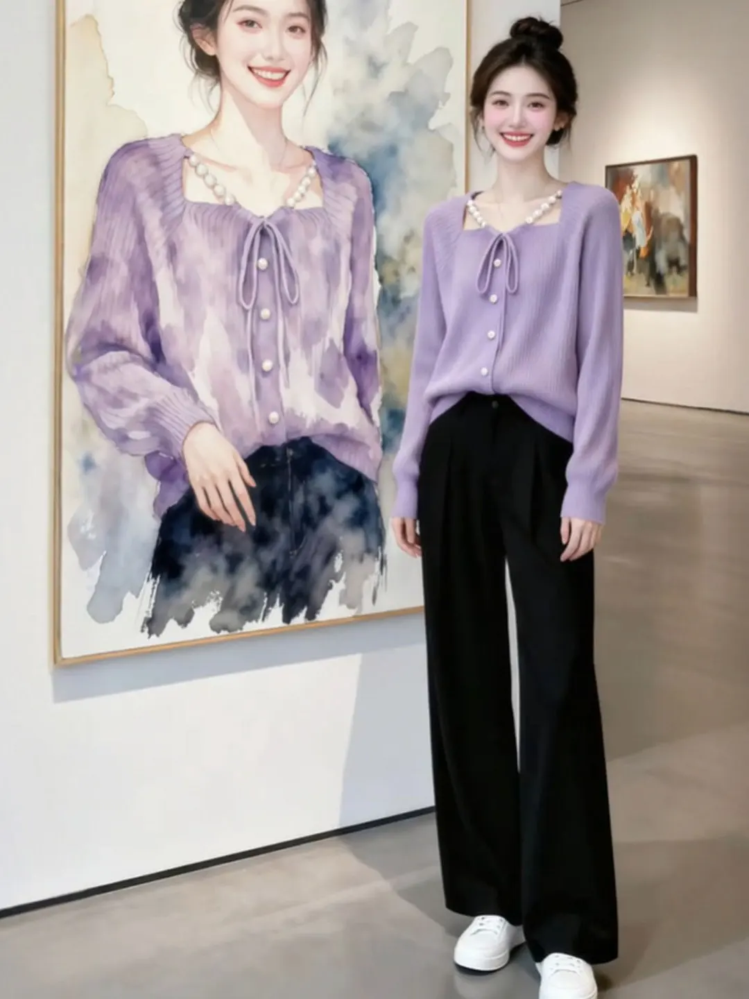 

Французский свободный длинный свитер-болеро фиолетового цвета, нежный, мягкий, вязаный топ для женщин, зимний сезон, модный тренд