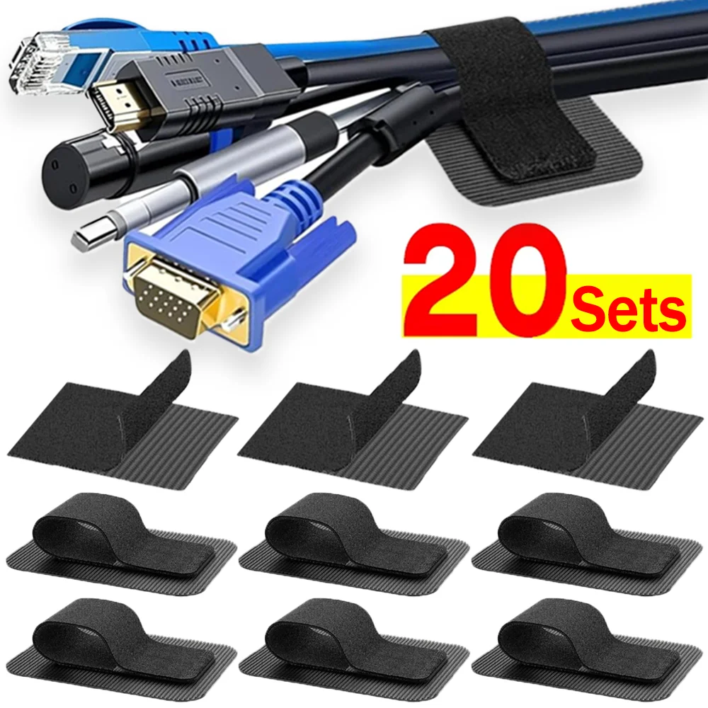 4-20Sets Self-Adhesive Under Desk Cable Ties Adjustable Hook and Loop Cord Organizer for Home Office Wire Management Wire Strap