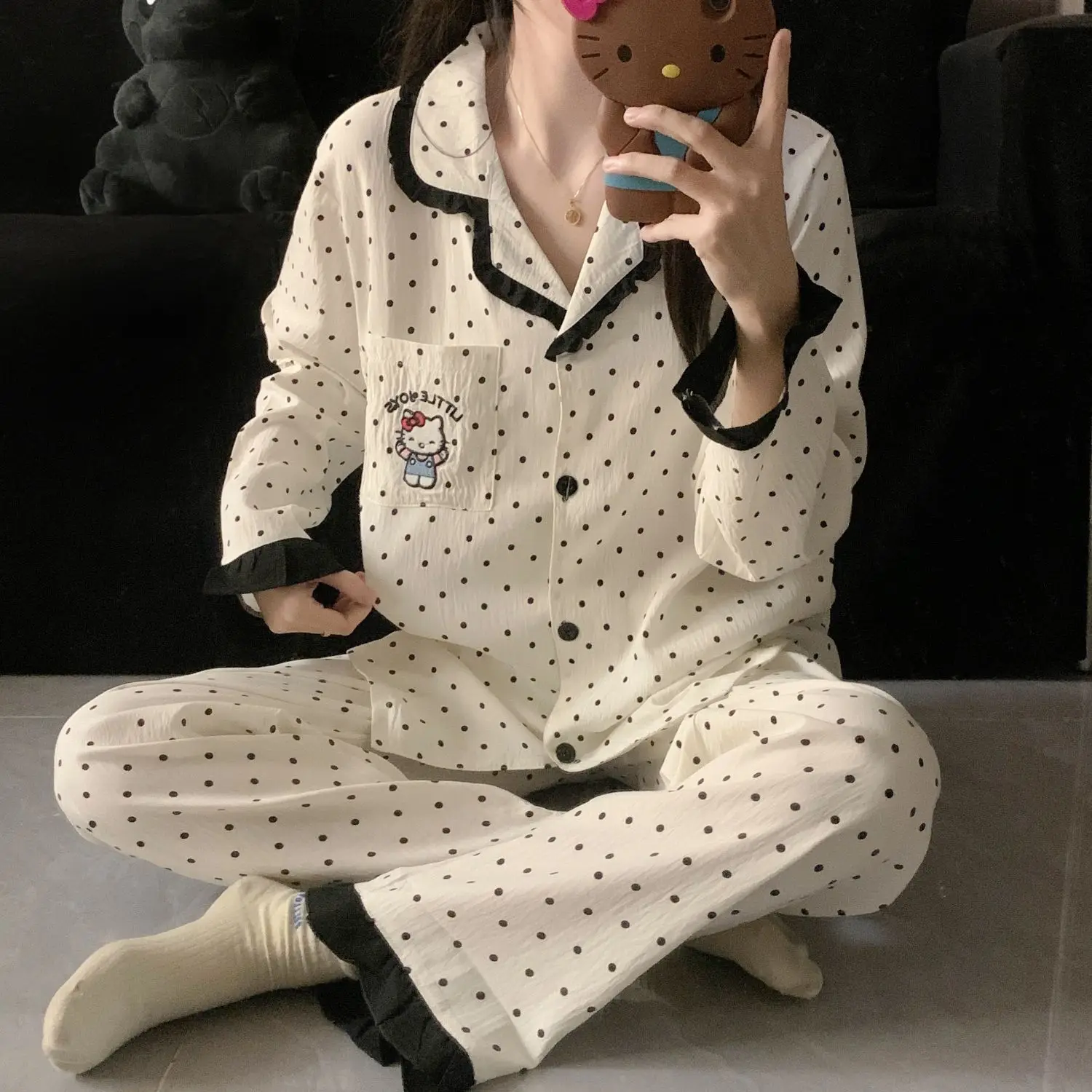 

Kawaii Hello Kitty 2026 New Sweet Polka Dot Kt Cat Pajamas for Women Sweet Girl Lace Long Sleeved Set Home Wear Homewear Cartoon