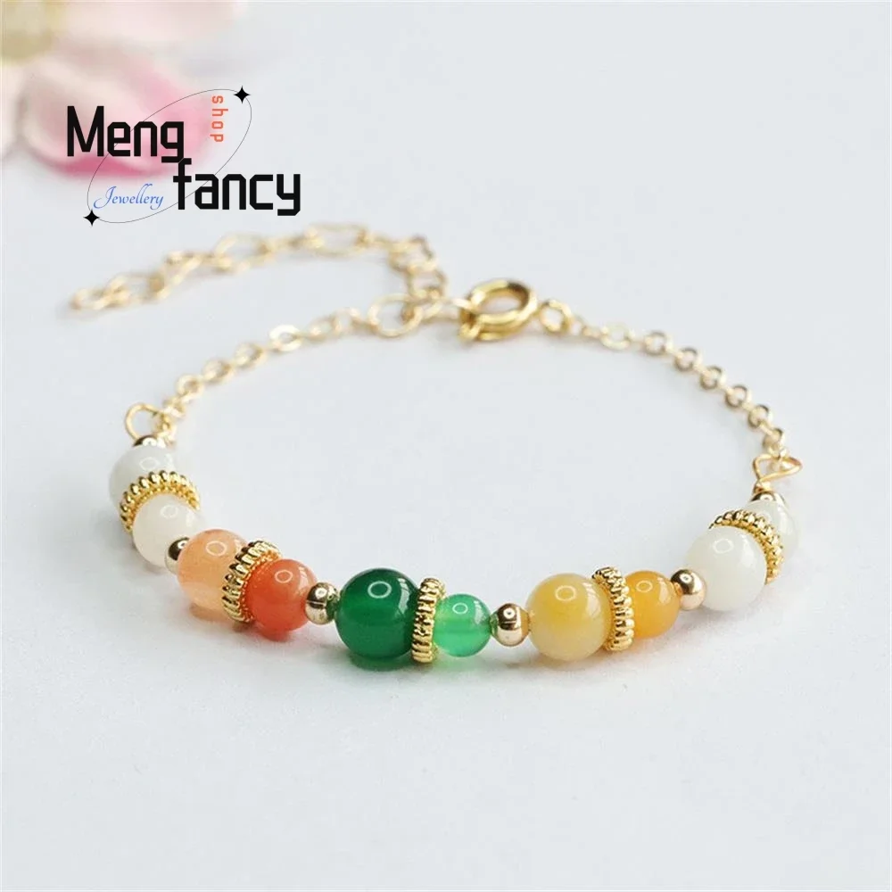 Natural Myanmar A-goods Jadeite Multi-coloured Green Chalcedony Jade String Exquisite Elegant Simple High-grade Fashion Bracelet