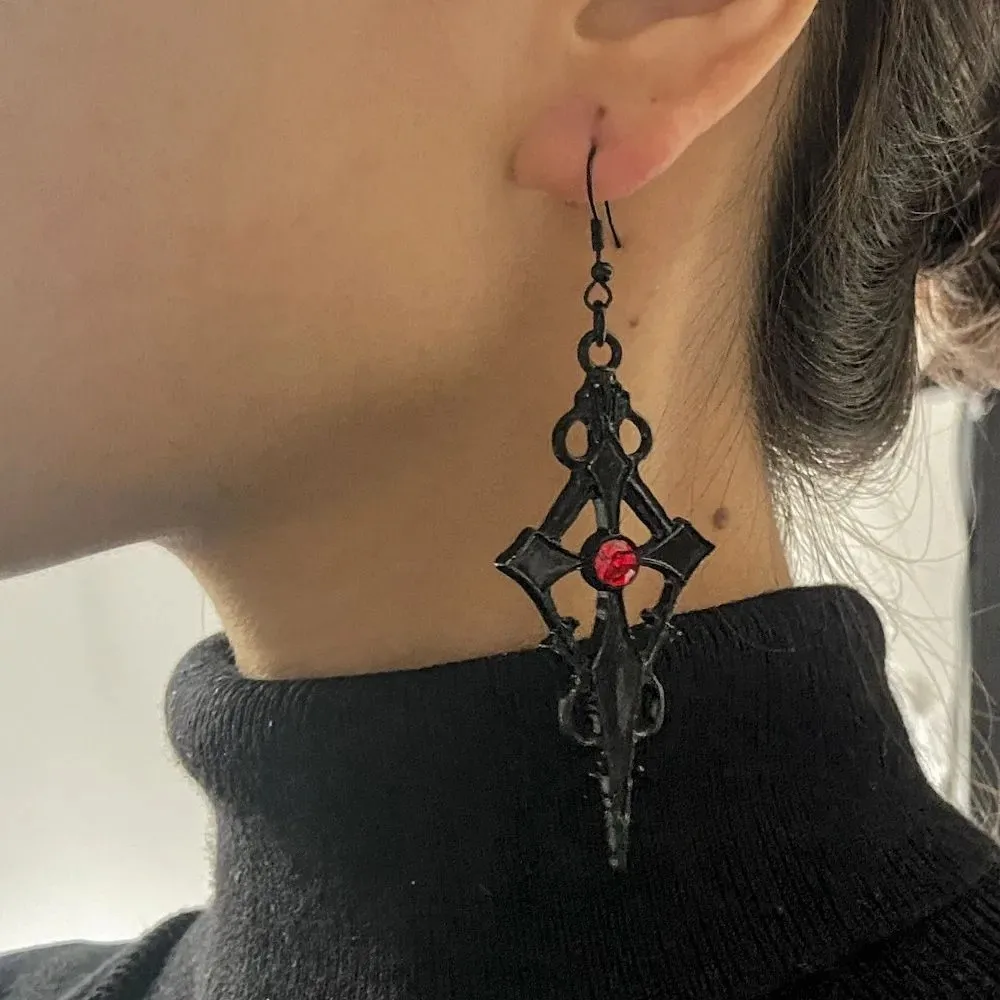 

Gothic Hollow Cross Pendant Earrings Red Rhinestone Retro Exaggerated Halloween Party Earrings
