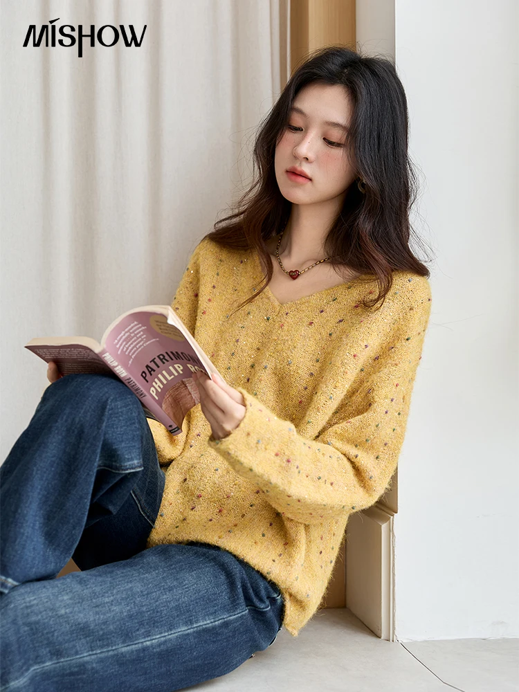 MISHOW женские топы с длинными рукавами, осень 2021, желтый свитер в стиле ретро с блестками и v-образным вырезом, вязаные удобные повседневные пуловеры MXE47Z2572