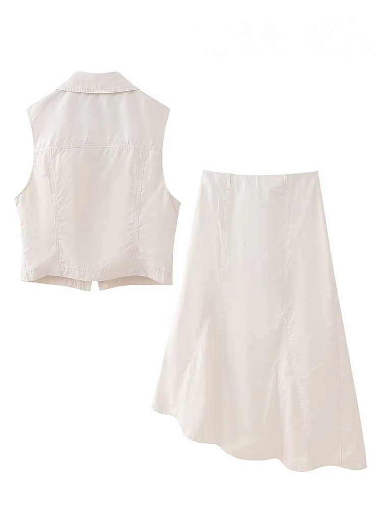 ชุดสูทผู้หญิงแฟชั่นใหม่ เสื้อกั๊กแขนกุดคอปกพับได้ มีกระเป๋า ผ้าสีพื้น + กระโปรงทรงเอไลน์แบบซิปยาวปานกลาง ดีไซน์หรูหรา