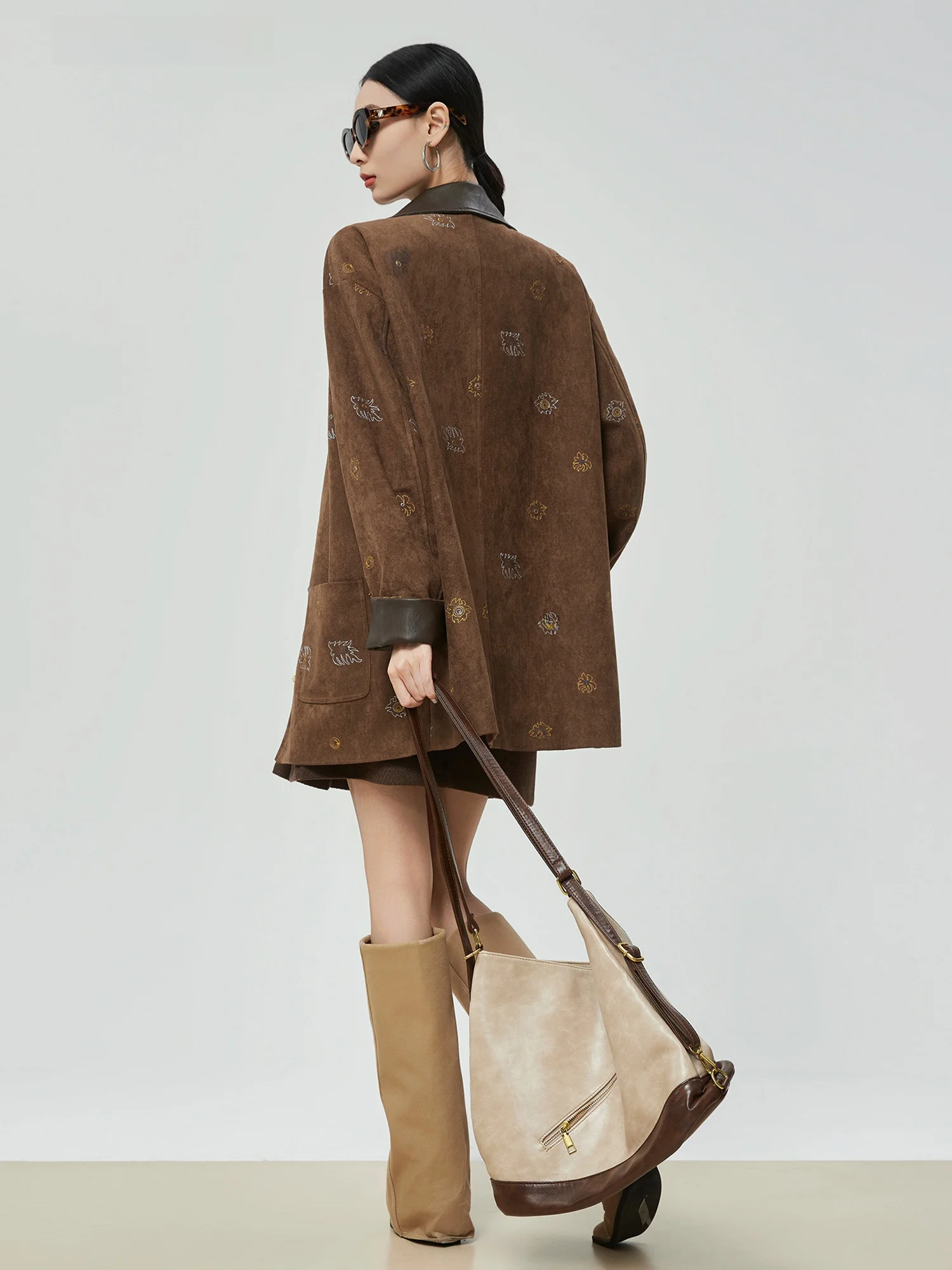 

Barn Sle Embroidered Heavy Work Brown Jaet Women's Faionable Mid-Length Leather Collar Top Polyester Fiber Long Sve