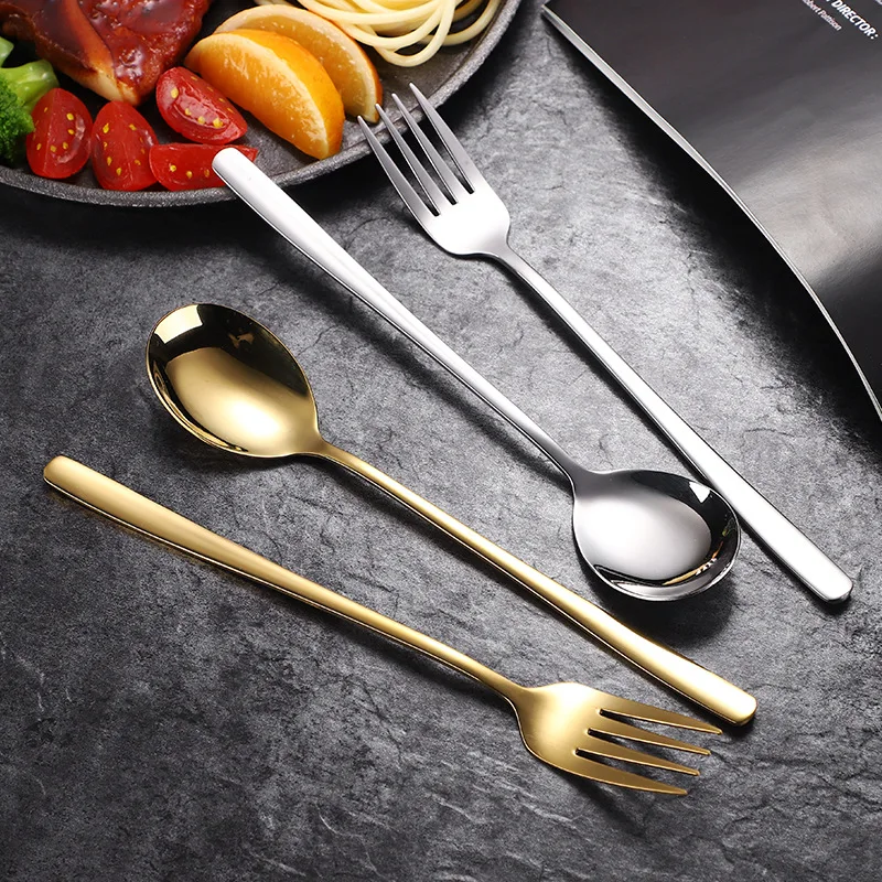 Korean Long Handle Stainless Steel Cutlery Sets Spoon Fork Buffet Golden Table Dinner Serving Tools Kitchenware