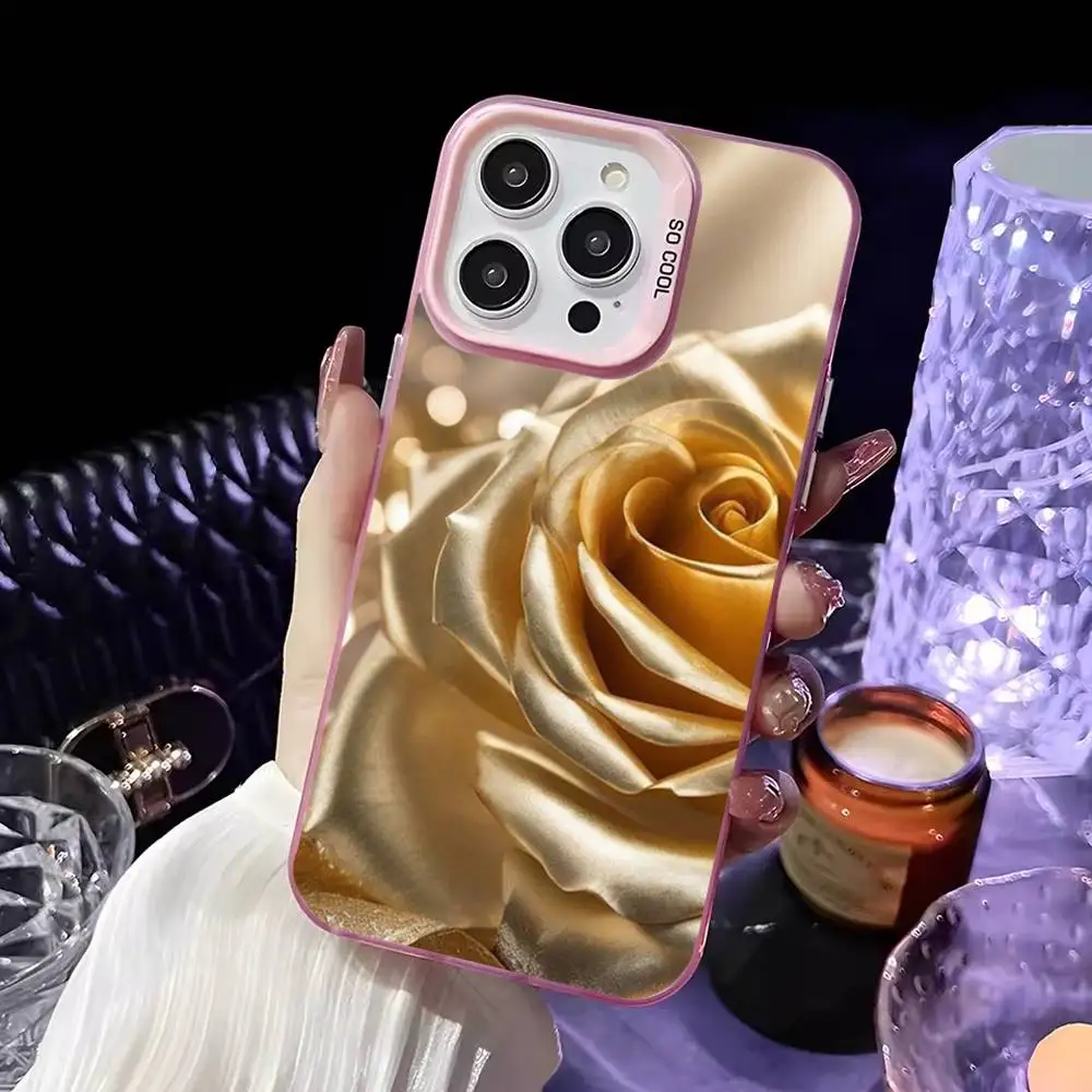 Piękne, eleganckie, złote etui na telefon w kształcie róży do iPhone'a 16, 15, 14, 13, 12, 11, Mini, Pro, MAX, różowe, matowe, odporne na wstrząsy.
