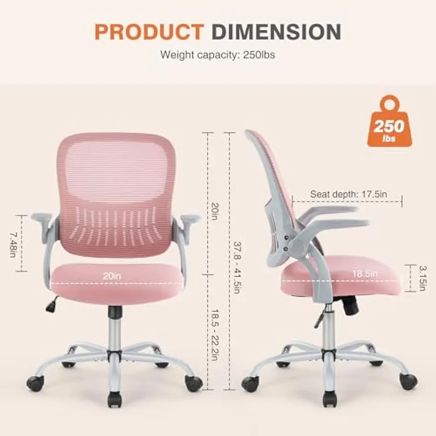 Work Swivel Task Chairs with Wheels, Comfortable Lumbar Support, Comfy Flip-up Arms for Home, Bedroom, Study, Student, Pink