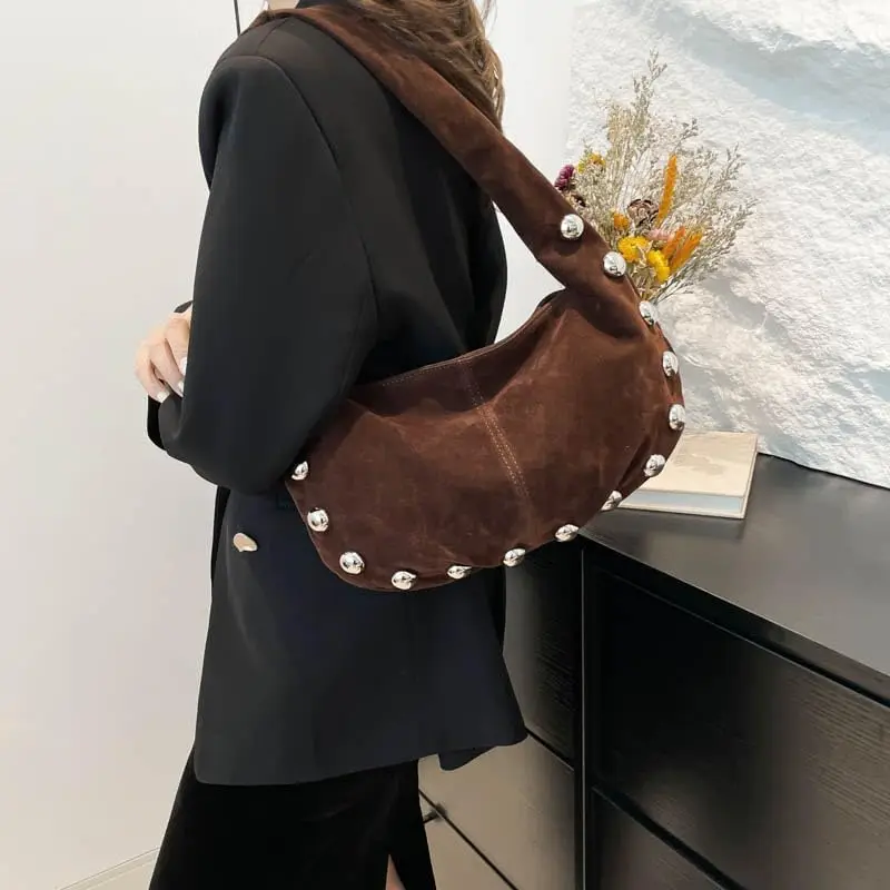 حقيبة يد نسائية من جلد الغزال المتشرد مرصعة بالكتف بلون سادة حقيبة يد عصرية للعمل والسفر والتسوق #3