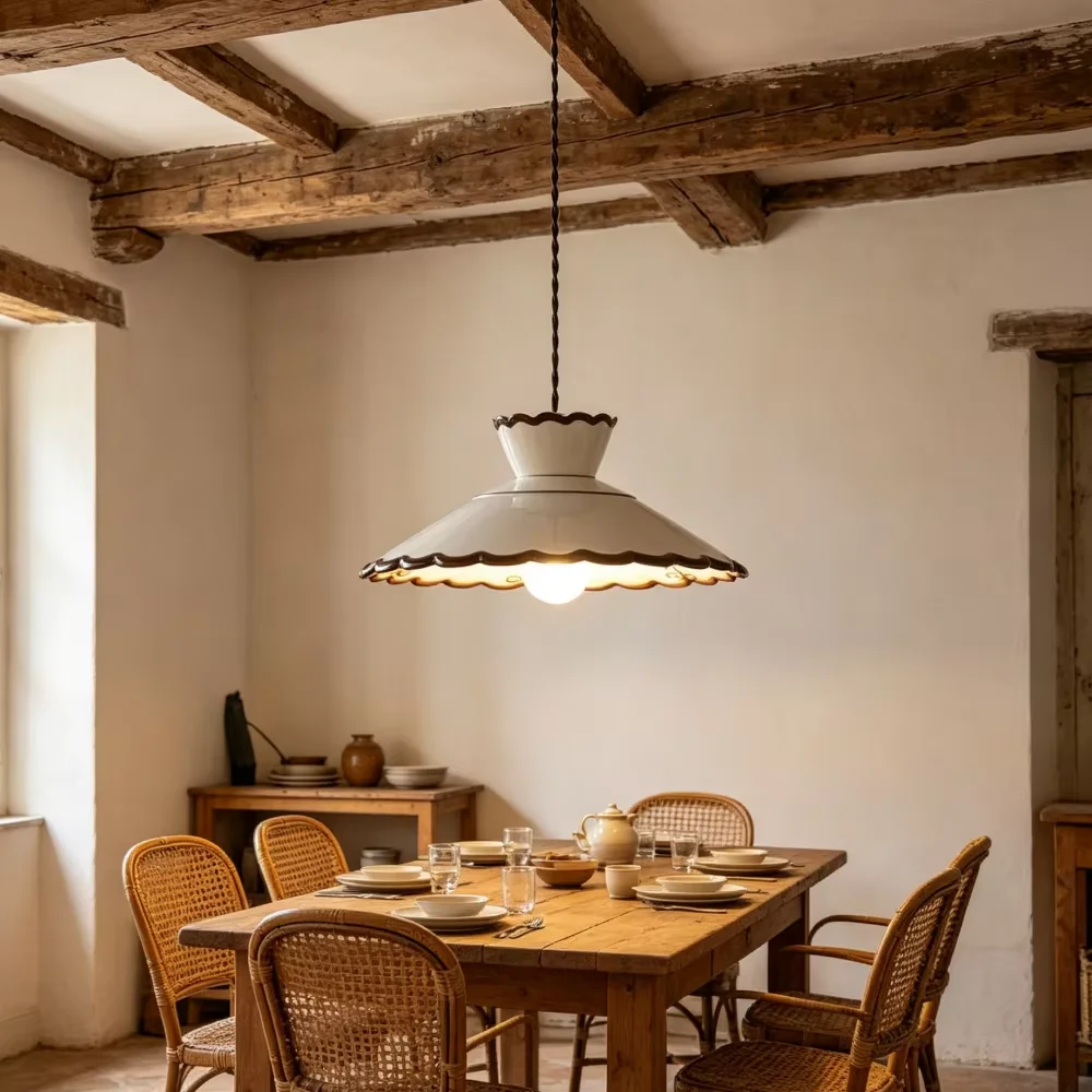 Cream White Ceramic Pendant Lamp Vintage Scalloped Pendant Light Adjustable Cord Hanging Lamp For Kitchen Island Dining Room