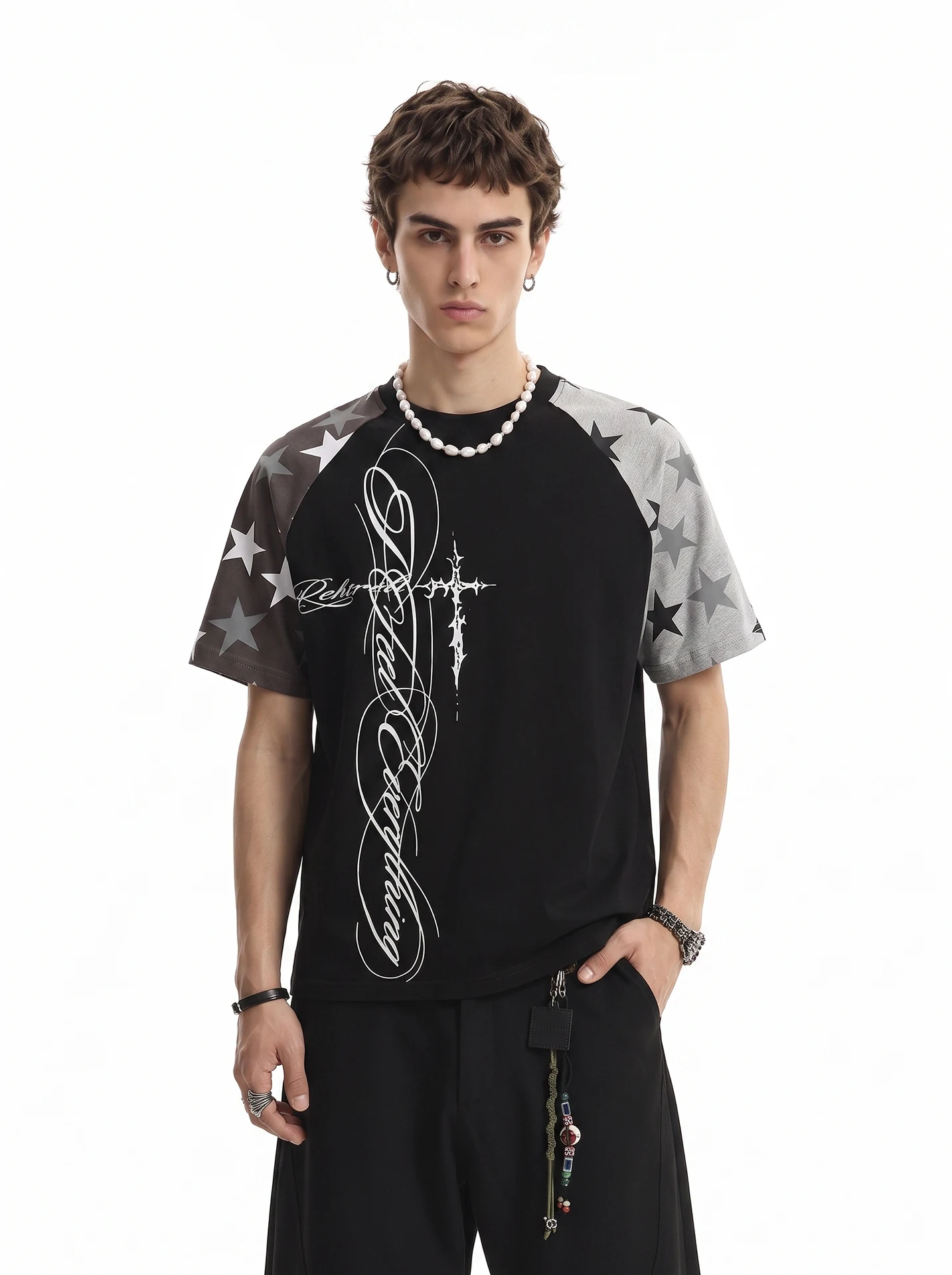 BETEBULE American Letter Cross Print Star Shoulder Short Sleeve Loose Fit Men's T-shirt Street Style Casual Breathable Top
