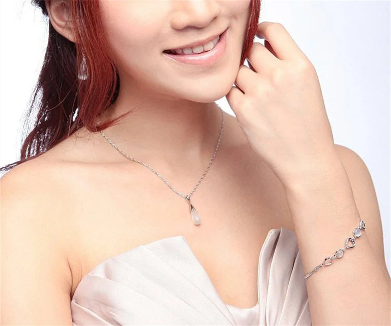 Pure 925 Sterling Silver Jewelry Set Simple White Pink Water Drop Opal Cat Eye Stones Pendant Necklace/Hook Earrings/Chain