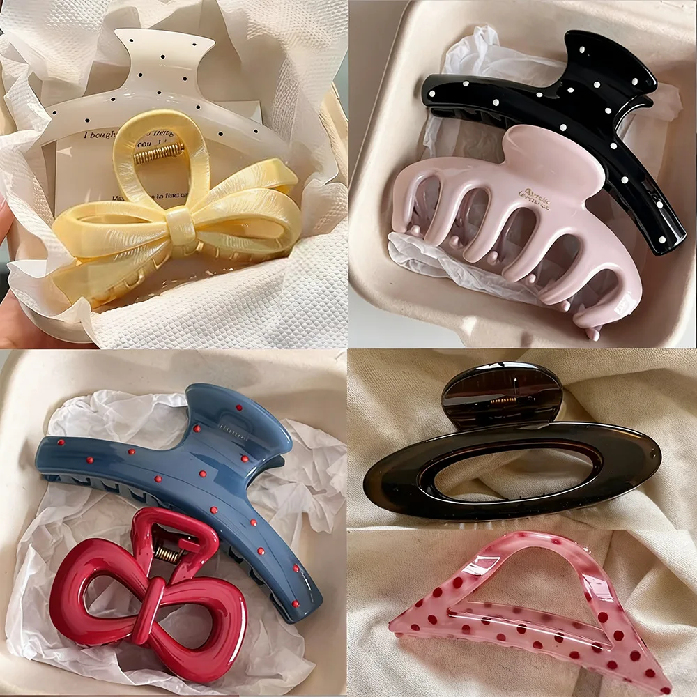 Hair Claw Large Polka Dot Elegant Resin Minimalist for Back Head Bun Updo Non Slip Sturdy Lightweight Cream