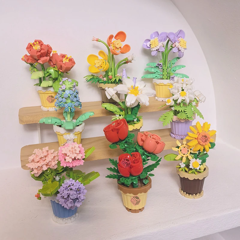 Flower Bouquet Succulents Building Blocks Rose Sunflower Bonsai Garden Romantic Bricks DIY Potted Plants Model Kit Toy For Kids