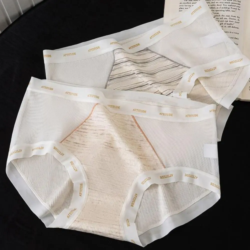 

3Pcs Ultra-thin Stripe Letter Briefs Mid Waist Underpants Mesh Seamless Panties Cotton Crotch Lingerie Underwear for Women Gifts