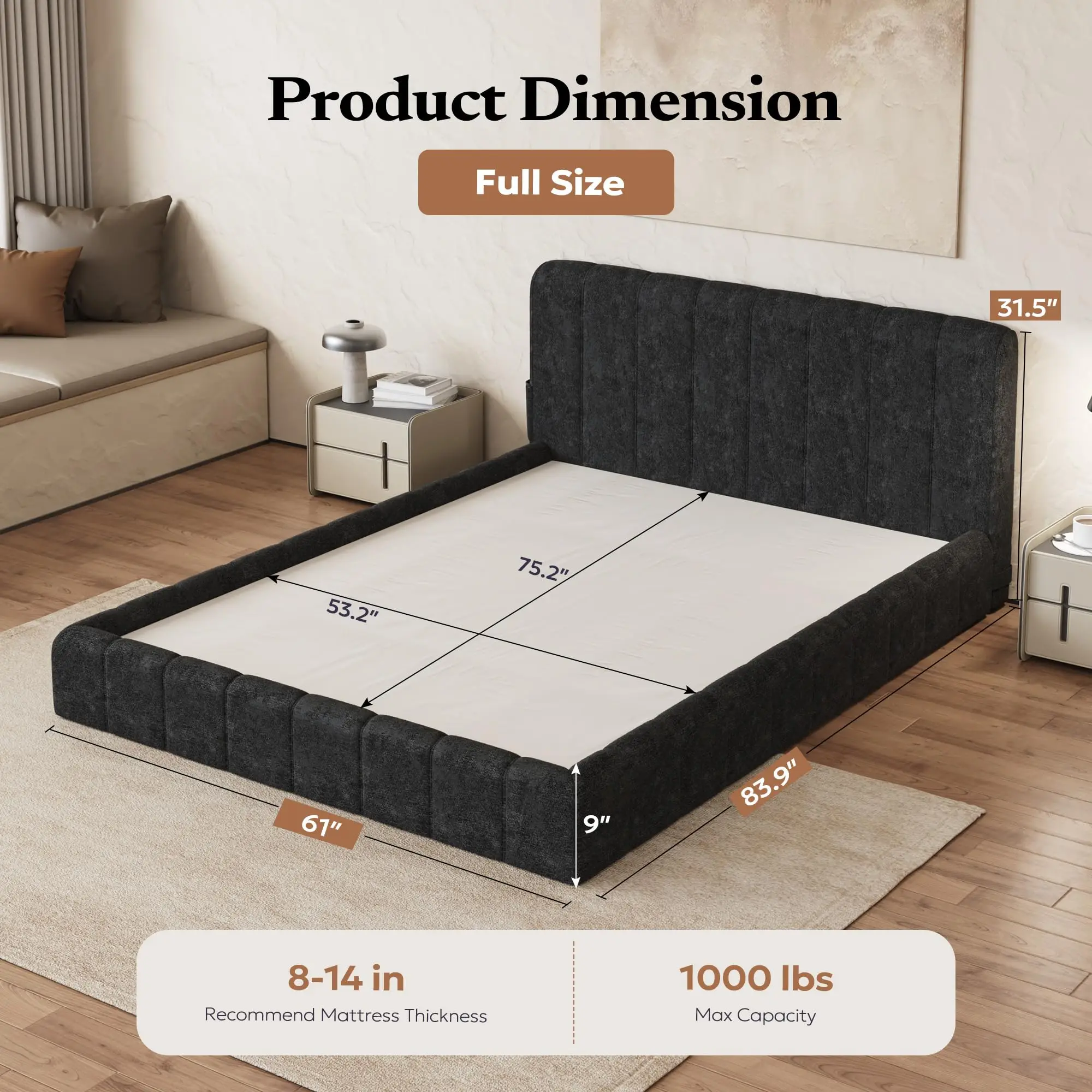 Full Size Boneless Bed Frame with Padded Headboard