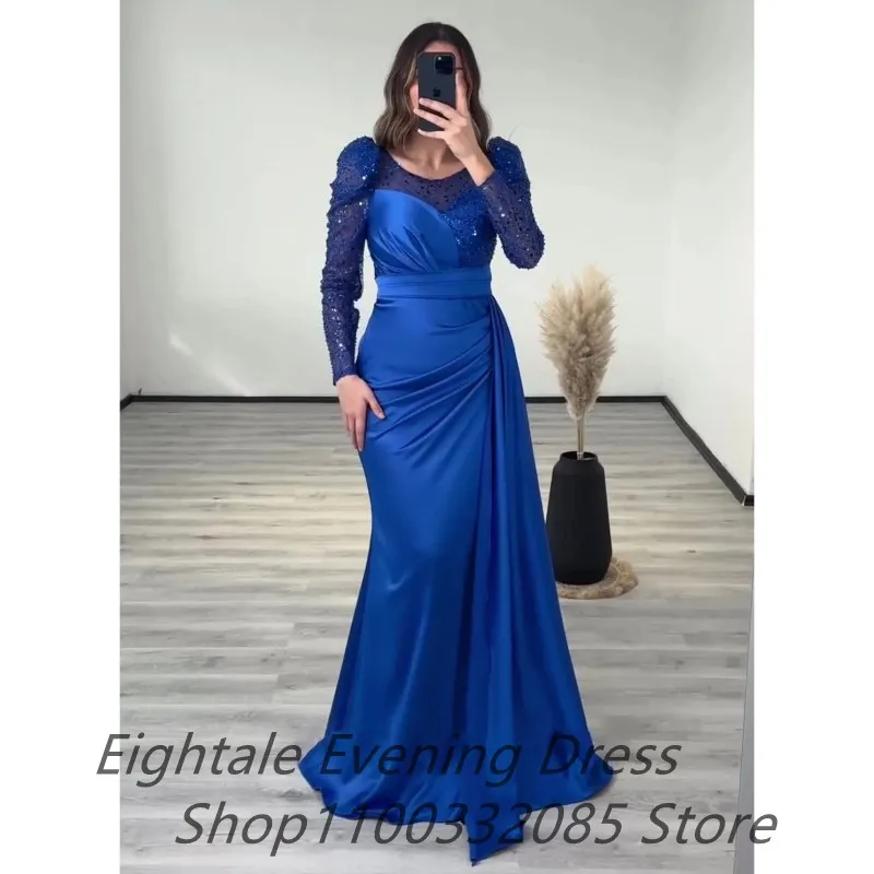 Customized Royal Blue Long Sleeve Sequin Mermaid Evening Dress For Wedding Party Sexy Slit Formal Prom Dress Dubai Party Gown