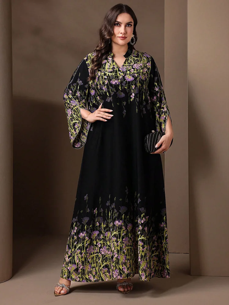 TOLEEN-Women\'s Eid Dress, Long Sleeve, A-line, Casual, Printed, Arabic Clothing, Fashionable and Elegant, Plus Size, Summer 2024