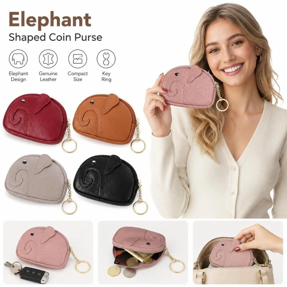 Cute PU Leather Coin Purse Zipper Closure Multifunctional Change Purse Elephant Shaped Coin Pouch For Women