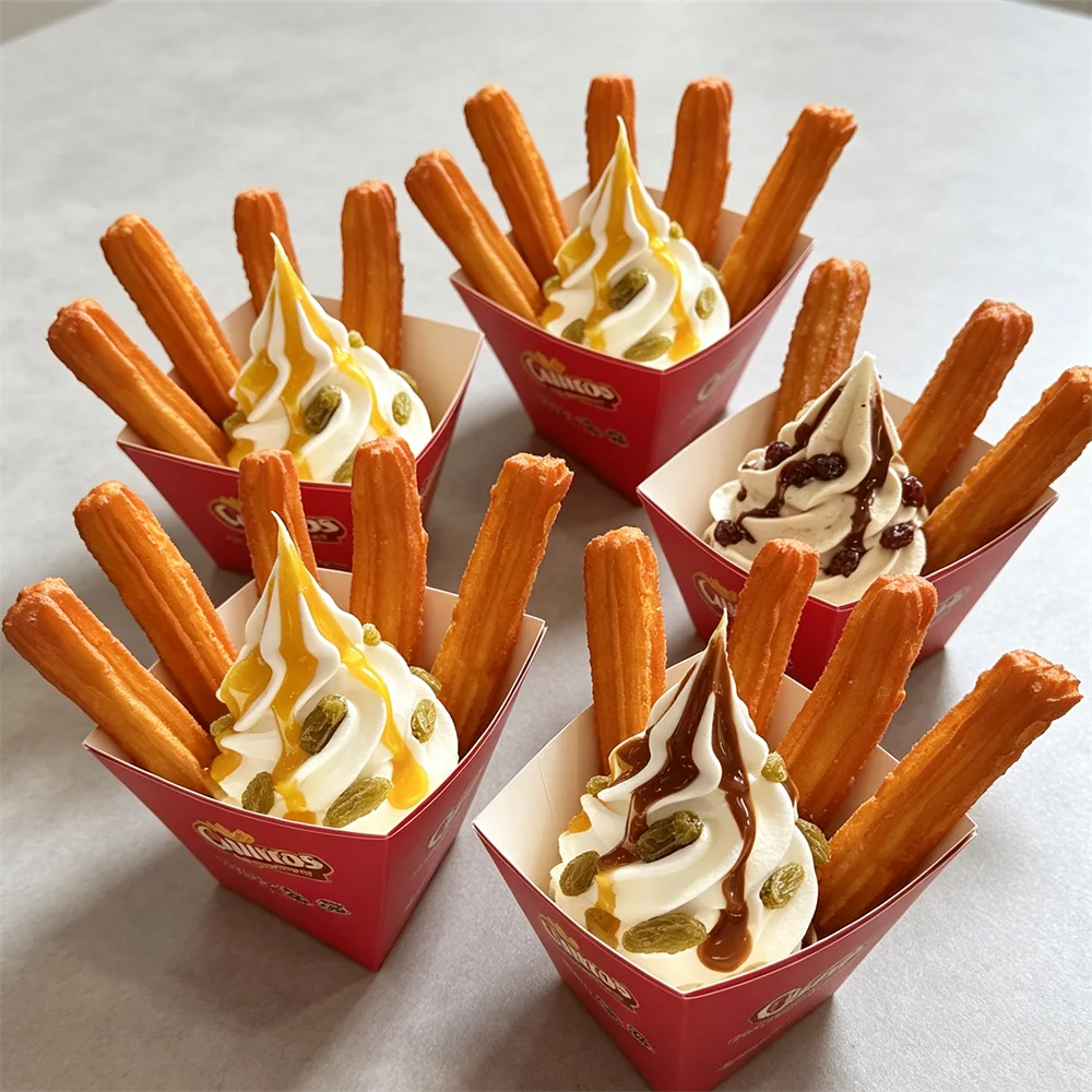 Modelo de Churros Artificiales de PVC, Palitos de Pastel Frito Crujiente, Helado Suave con Cobertura de Chispas de Galleta, Snack Falso para Tienda