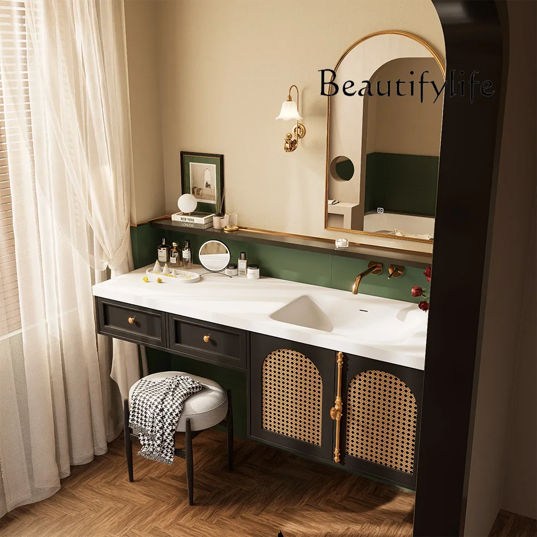 

French Vintage Corian Dresser Integrated Basin Rattan Bathroom Cabinet Washstand Washbasin fashion new