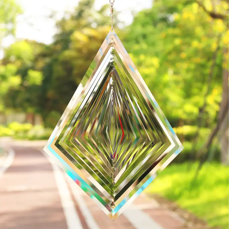 

3D Diamond Wind Spinners Outdoor Garden Hanging Silver Stainless Steel Reflective Shiny Kinetic Spinner Chime Yard Art Ornaments