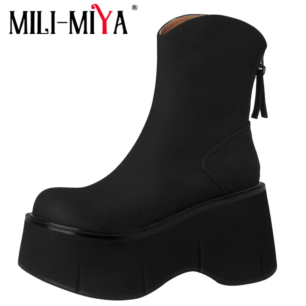 

MILI-MIYA Fashion Super High Wedges Women Full Genuine Leather Ankle Boots Solid Color Round Toe Zippers Dress Party Shoes Hand