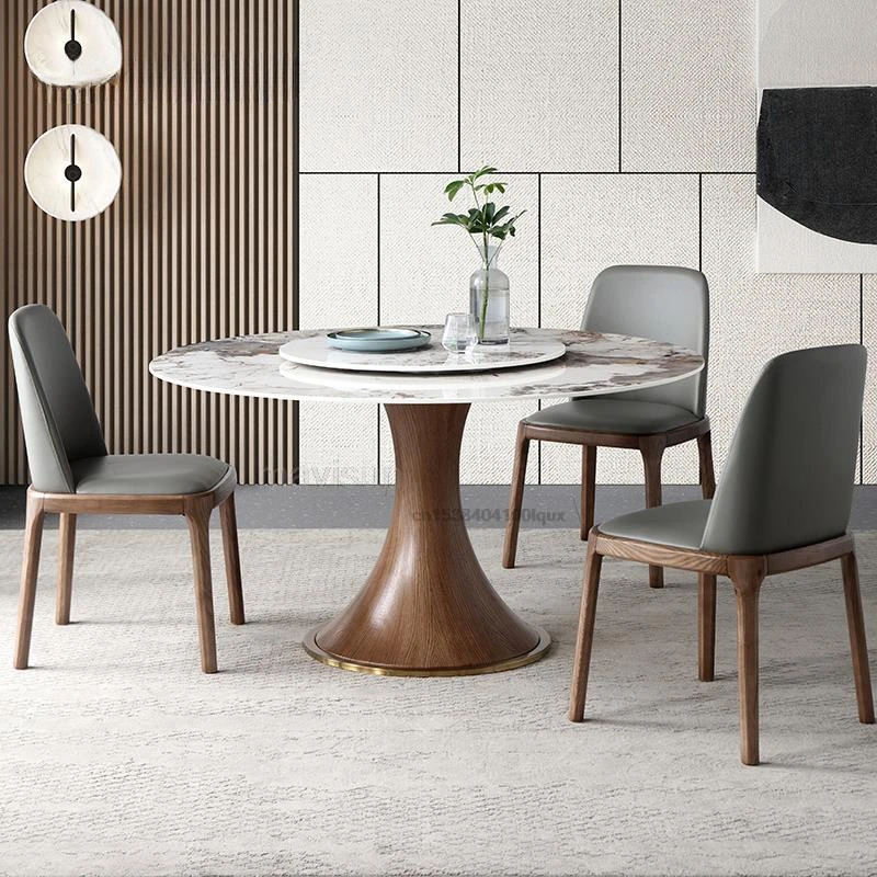 Italian Light Luxury Imported Bright Rock Board Round Dining Table And Chair Combination Modern Simple Solid Wood Dining Table