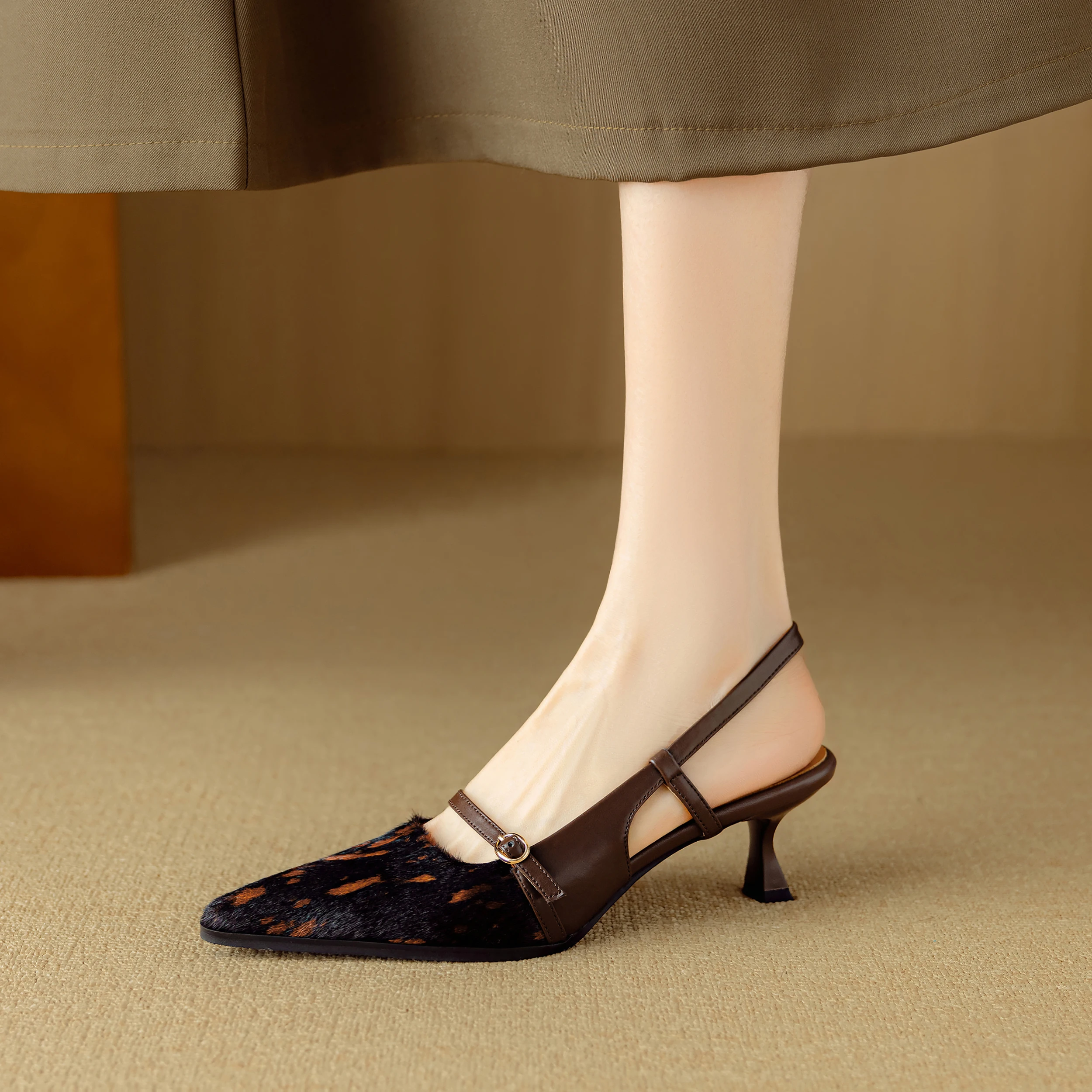

Premium Luxury Genuine Leather Horsehair Women Shoes,Thin Mid Heels Pointed Toe Slingback Women Sandals , Party High Heels