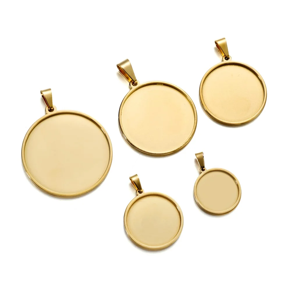 5pcs Gold Stainless Steel Bases 20/25/30/35/40mm Cabochon Cameo Base Tray Bezel Blank Necklace Pendant For DIY Jewelry Making