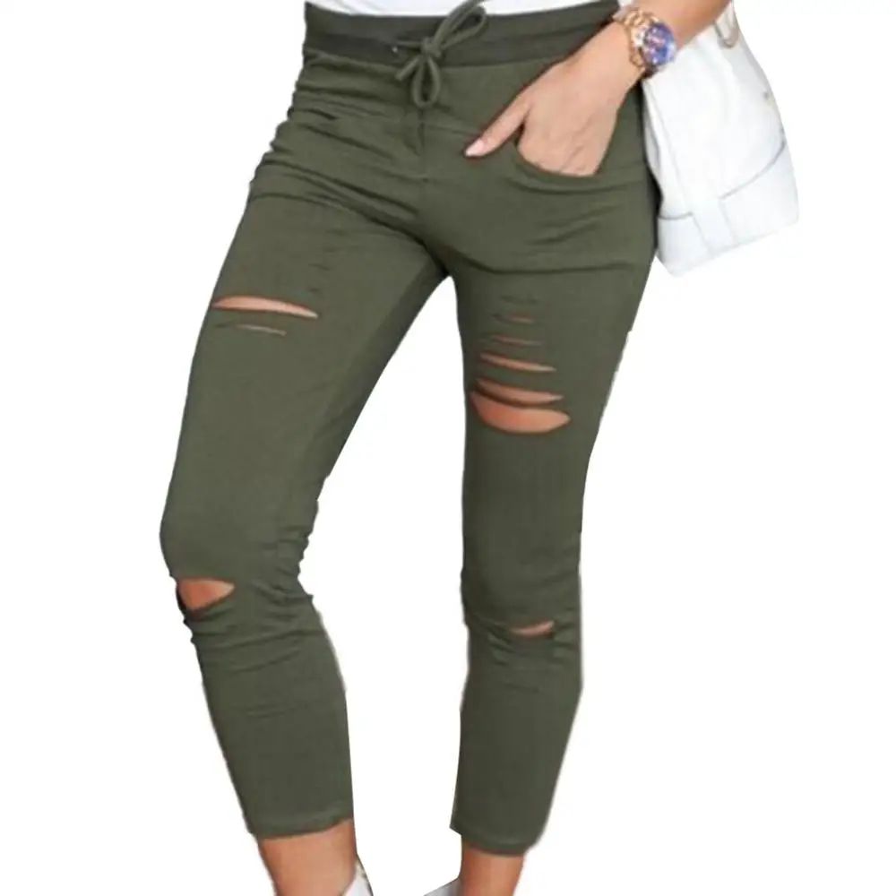 1Pc Comfotable Women Pencil Pants Oversized Solid Color High Waist Pencil Pants Drawstring Ripped Skinny Leggings for Daily Wear