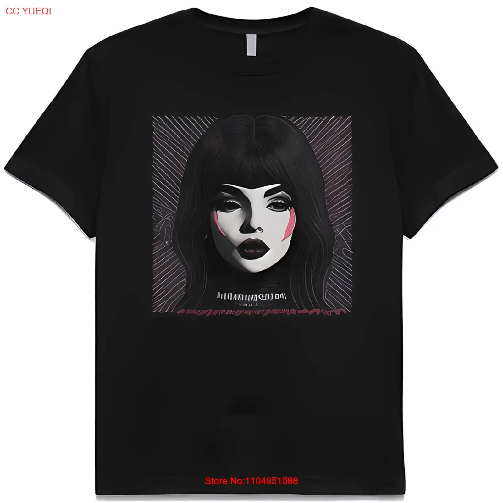 Stylish Black T-Shirt with Graphic Design of Woman with Dark Hair & Bold