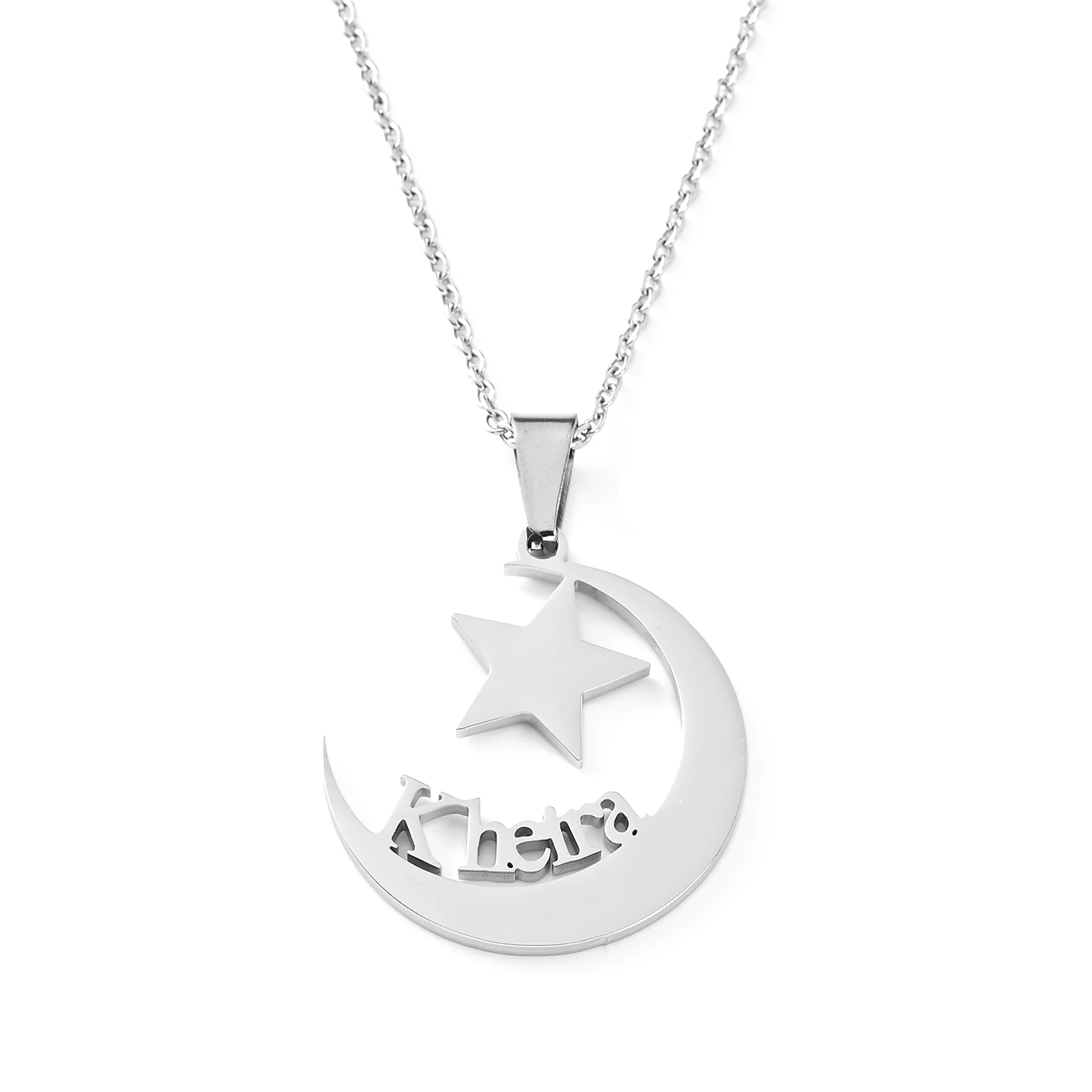 Customizable Stainless Steel Moon Pendant Necklace With Name Star Charm - Personalized Birthday Anniversary Jewelry For Women