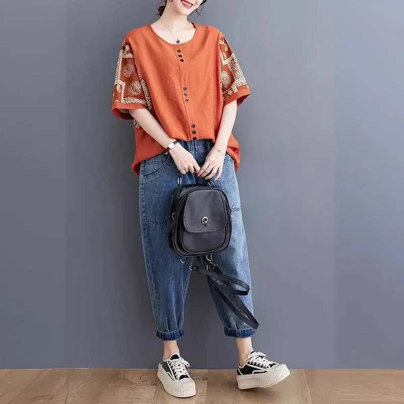 Women's Cotton Linen Loose Pullover T Shirt Western Style Summer Top Slimming 5/4 Sleeve Printed Casual Fashion for Plus Size