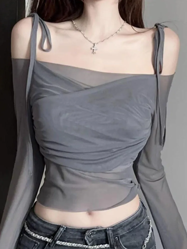 섹시한 시스루 긴팔 여성 티셔츠, 오프 숄더 스트랩, 배꼽이 드러나는 숏컷 여성 티셔츠