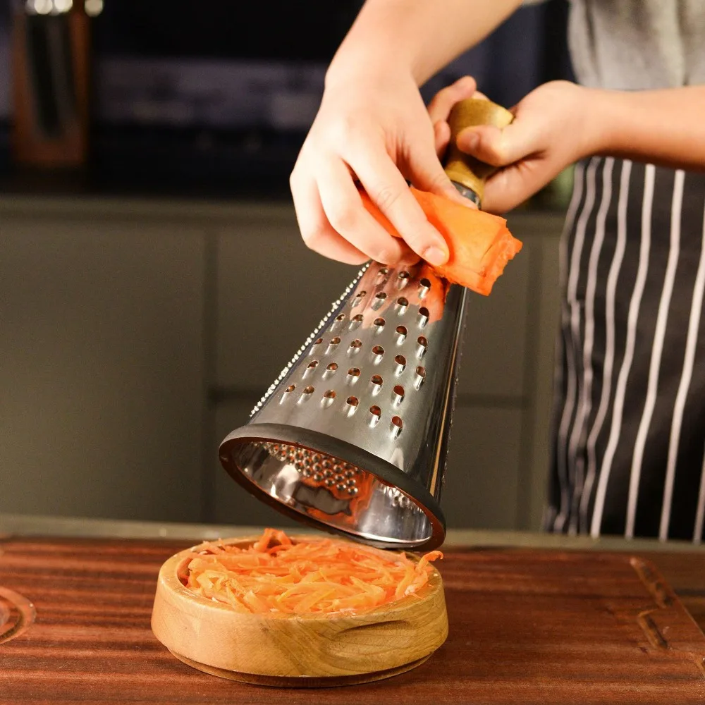 Manual Cone Cheese Grater Stainless Steel Three-sided Scraper Garlic Grater Wood Handle Non-slip Base Chocolate Shredder