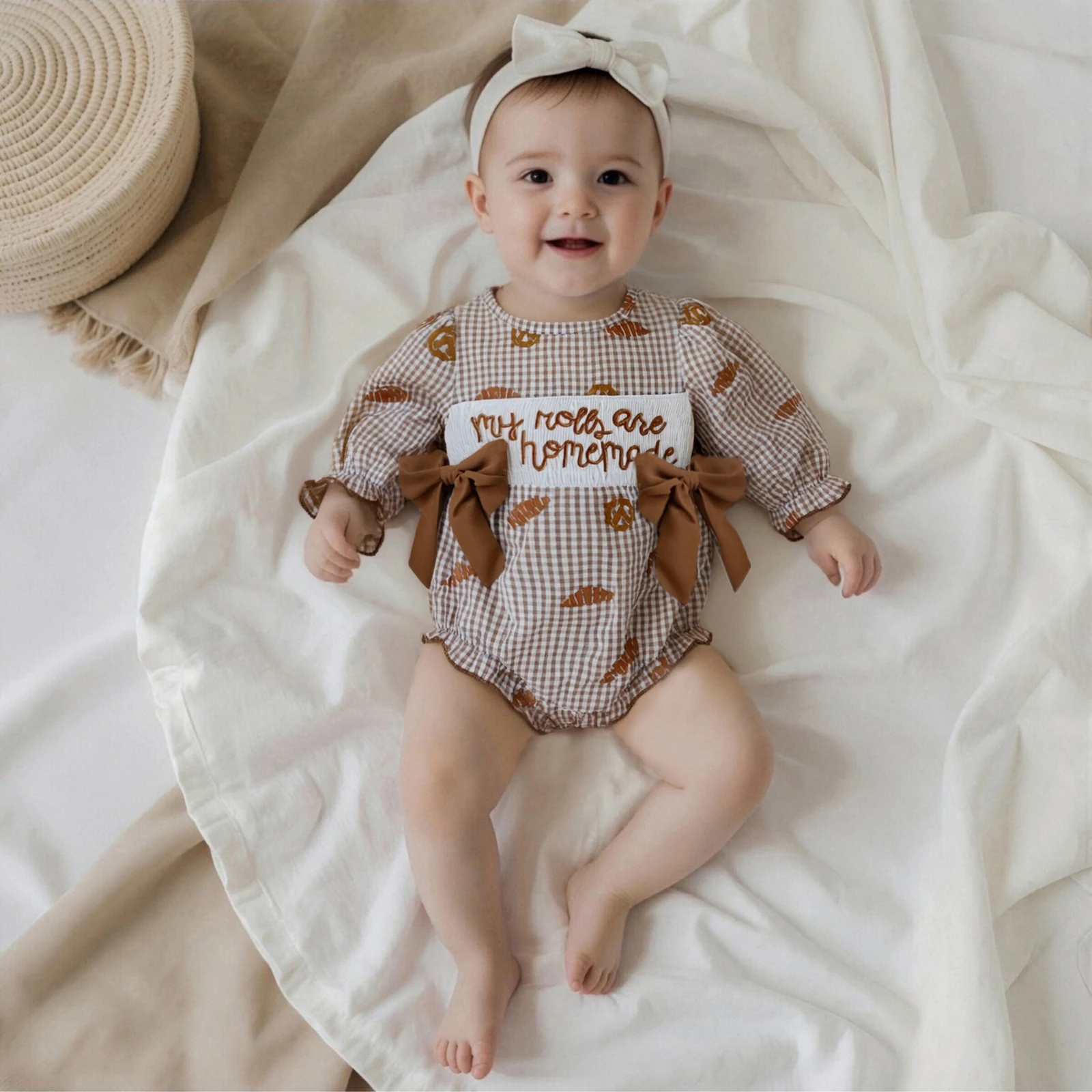 

Baby Girl Thanksgiving Bodysuits Outfit Plaid Croissant Letter Embroidered Long Sleeve Romper Headband 2 Piece