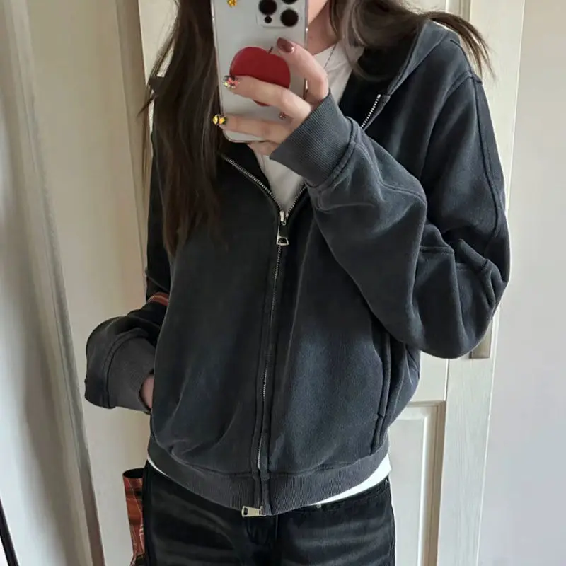 American Washed Zipper Hoodie Sweatshirts Women Spring Retro Do Old Loose Short Versatile Hooded Jacket for Girls Streetwear