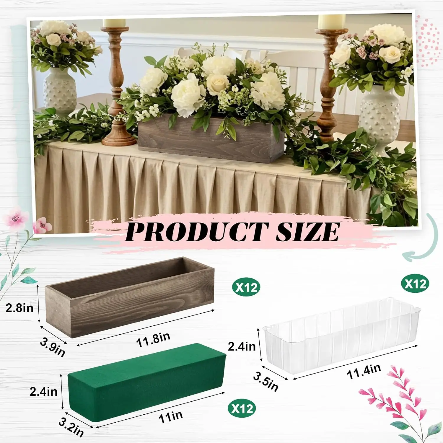 12 Set Wood Boxes for Centerpieces 12x4 Inch Rectangle Wooden Planter Box Rustic Wooden Planters with Removable Plastic Liner Fl