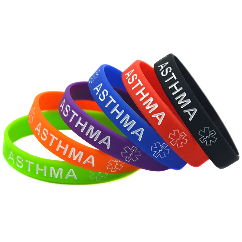 50 Stück Asthma-Notfall-Silikon-Armbänder, medizinische Gummiarmbänder, unisex, 6 Farben – Detail 1