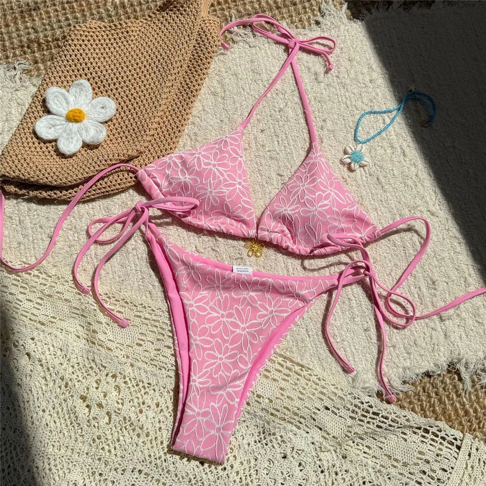 Sexy Zwarte Bloem String Halter Driehoek Bikini Micro String Badpak 2025 Vrouw Roze Badmode Badpak Bikini Sets Biquinis