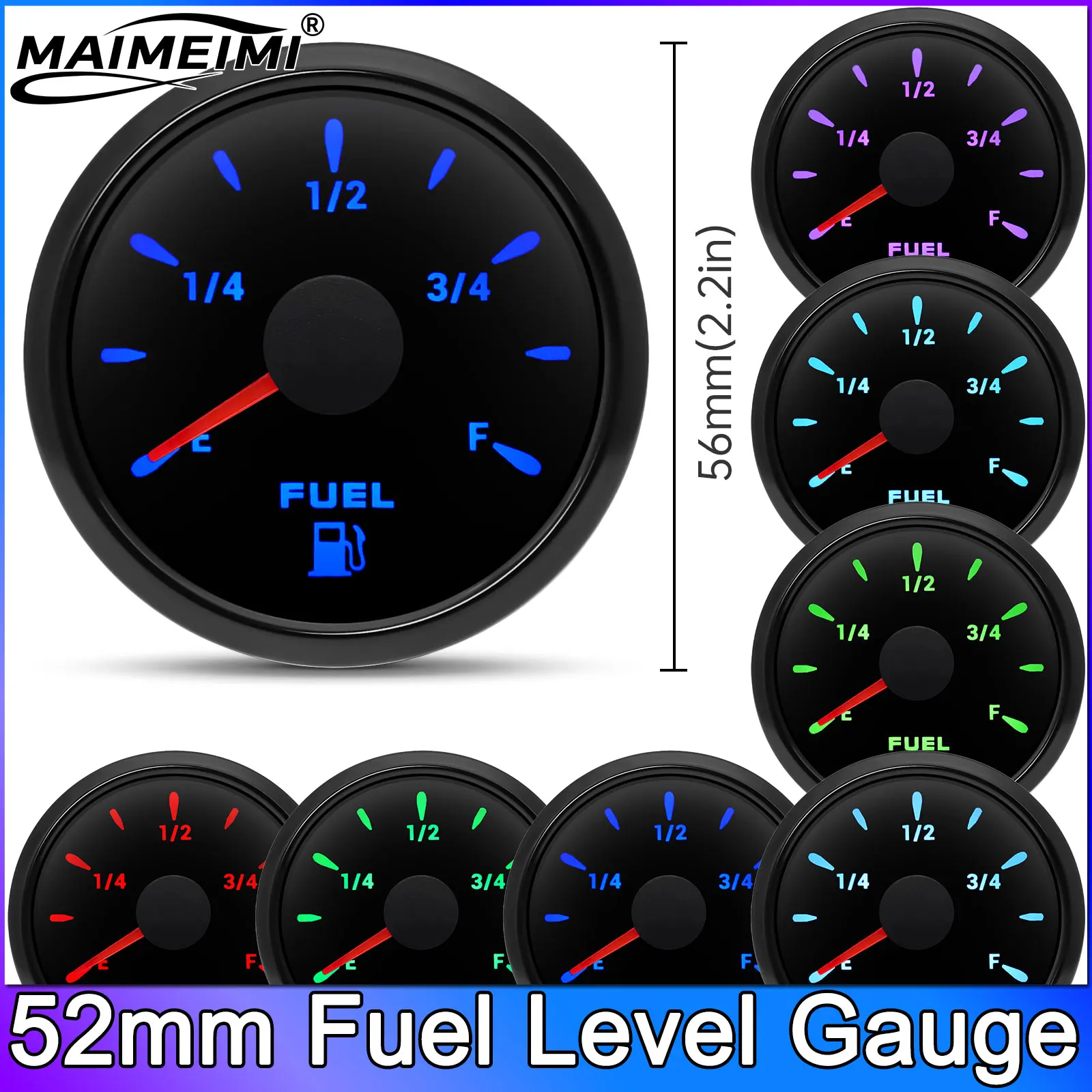 

52MM Fuel Level Gauge 0-190ohm Fuel Level Indicator 7 Colors Backlight Pointer Oil Tank Meter Auto Marine Boat Car 12V 24V Fuel