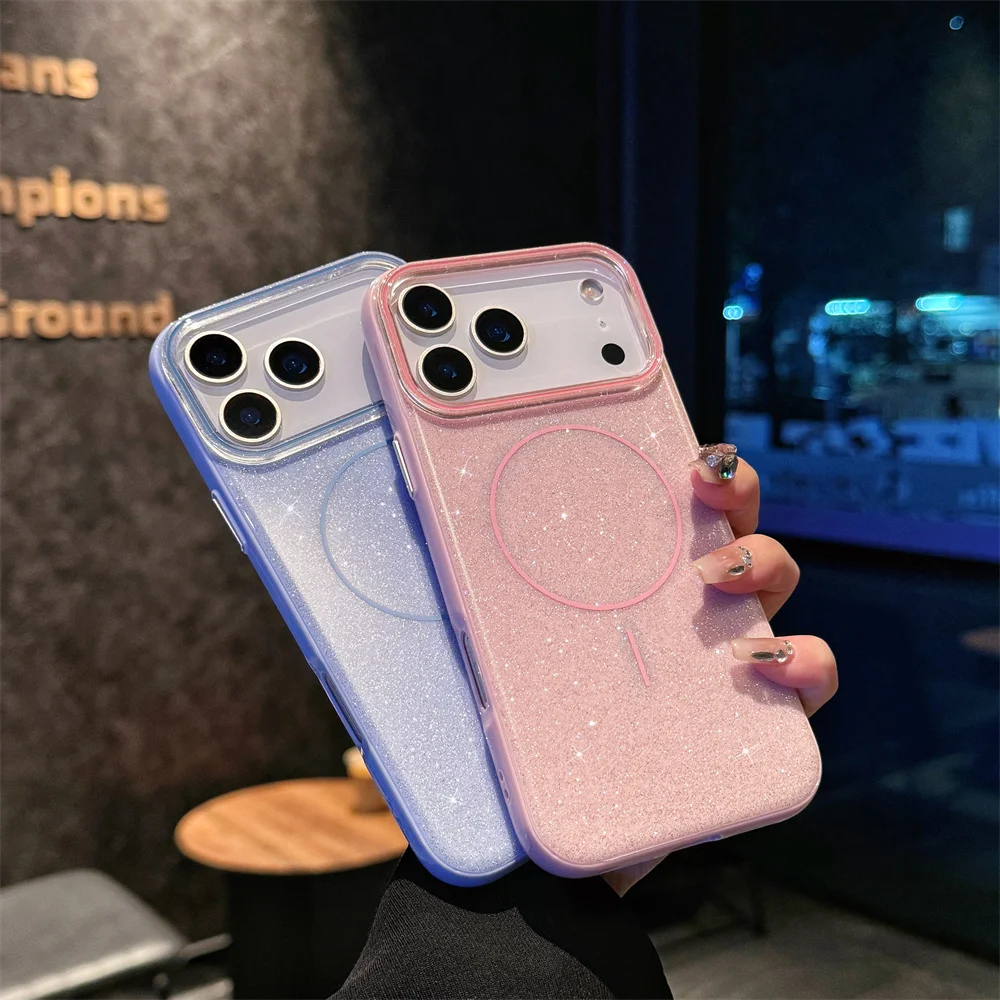 Bling Glitter Powder Case for IPhone 17 Air 16 15 14 13 Pro Max Shining Shockproof Magnetic for Magsafe Wireless Charging Cover