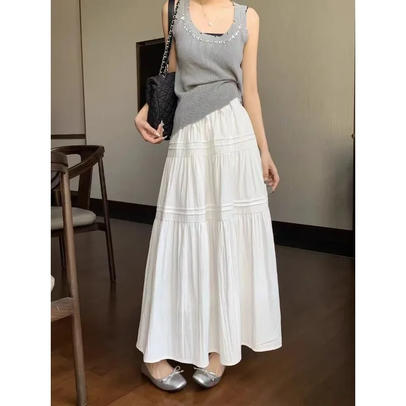Women French Tiered Cake Long Skirt Summer High Waist A Line Flowy White Midi Skirt Daily Elegant Wear
