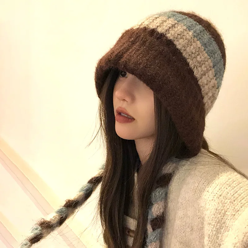 Korean Contrasting Color Lace-up Knitted Pullover Cap for Men and Women Winter Leisure Warm Ear Protection Flight Bomber Hats